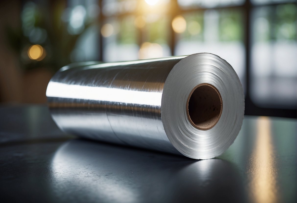 A roll of aluminum foil is being turned over, with one side facing up and the other side facing down