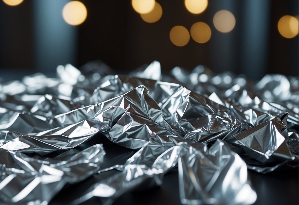 Aluminum foil being crumpled and then flattened out