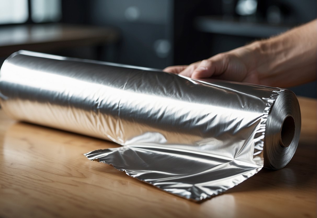 A roll of aluminum foil being turned upside down with confusion